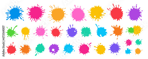 Splash paint splatter colorful cartoon set. Stain and splat flat collection, shapes liquids drop icon splatter. Different splashes and drops colored shape ink collection. Isolated vector illustration © neliakott