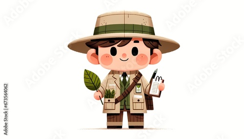 Charming Young Explorer with a Pith Helmet, Leaf Sample, and Notepad, Geared Up in a Safari Outfit for a Day of Adventure and Discovery