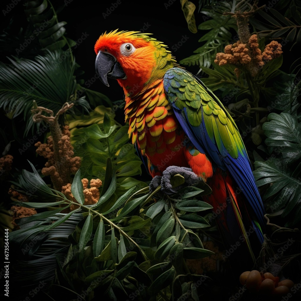 AI generated illustration of a tropical macaw parrot in a green jungle