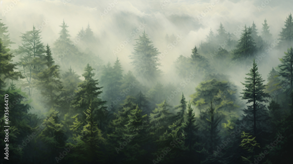 A painting of a forest filled with lots of trees in the mist