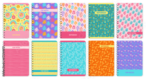 Trendy diary covers set. Notebook abstract and floral doodle ornament. Grungy design page template for planner, textbook book, daily planner or copybook organizer. Vector clipart isolated illustration