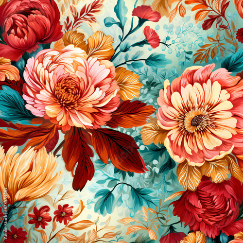 A pattern of colorful flowers on a blue background