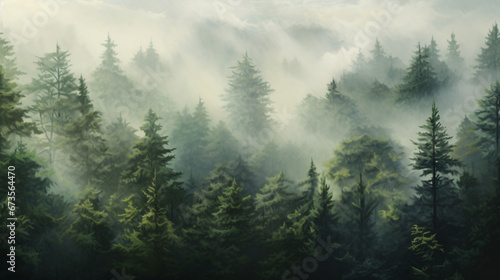 A painting of a forest filled with lots of trees in the mist