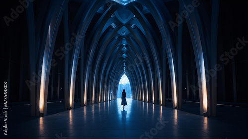 A woman walking down a futuristic tunnel with arches