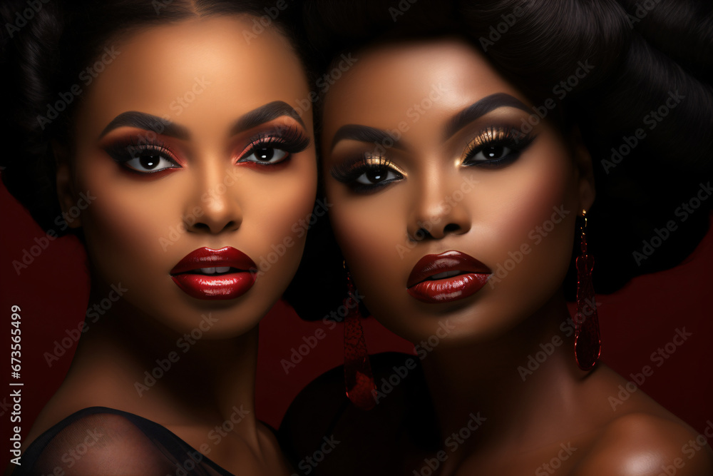 Two beautiful black women models wearing makeup
