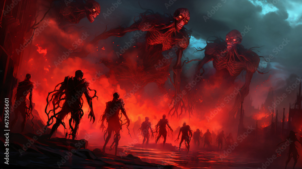 A group of undead zombies standing in front of a fire A group of undead zombies standing in front of a fire