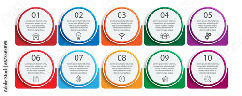 Business Infographic Design Template. minimum Timeline design with 10 steps,
marketing options and icons. Vector linear infographic with ten circle connected elements.
great for your presentation
