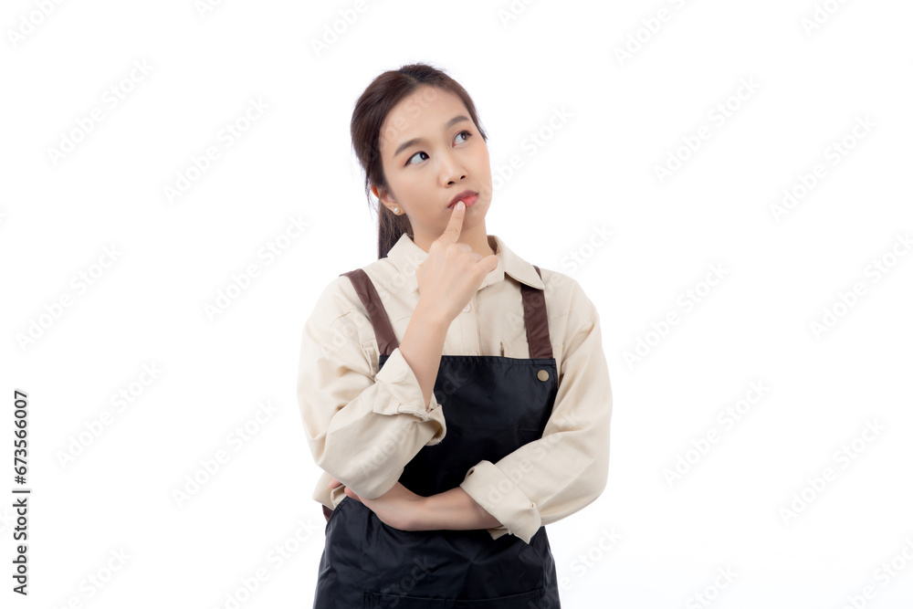 Portrait of young asian barista woman wearing apron gesture doubt and thinking idea isolated white background, waitress or entrepreneur thought and curious, small business or startup, waiter of cafe. Portrait of young asian barista woman wearing apron gesture doubt and thinking idea isolated white background, waitress or entrepreneur thought and curious, small business or startup, waiter of cafe.