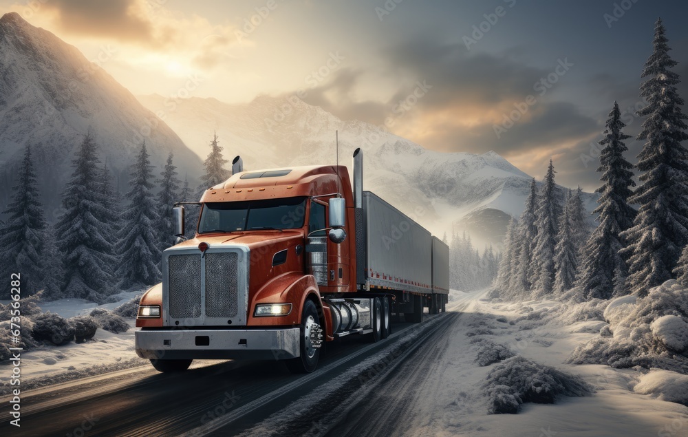 Long haul truck in snowy landscape Long haul truck in snowy landscape