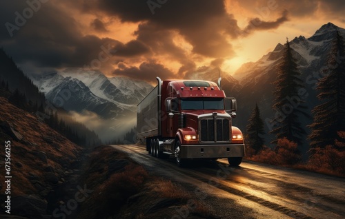 Commercial truck driving in mountains