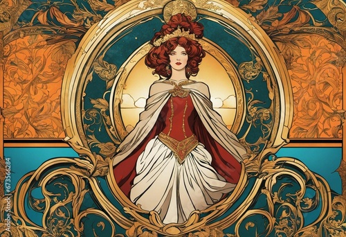 a woman with red hair in an ornate frame and gown