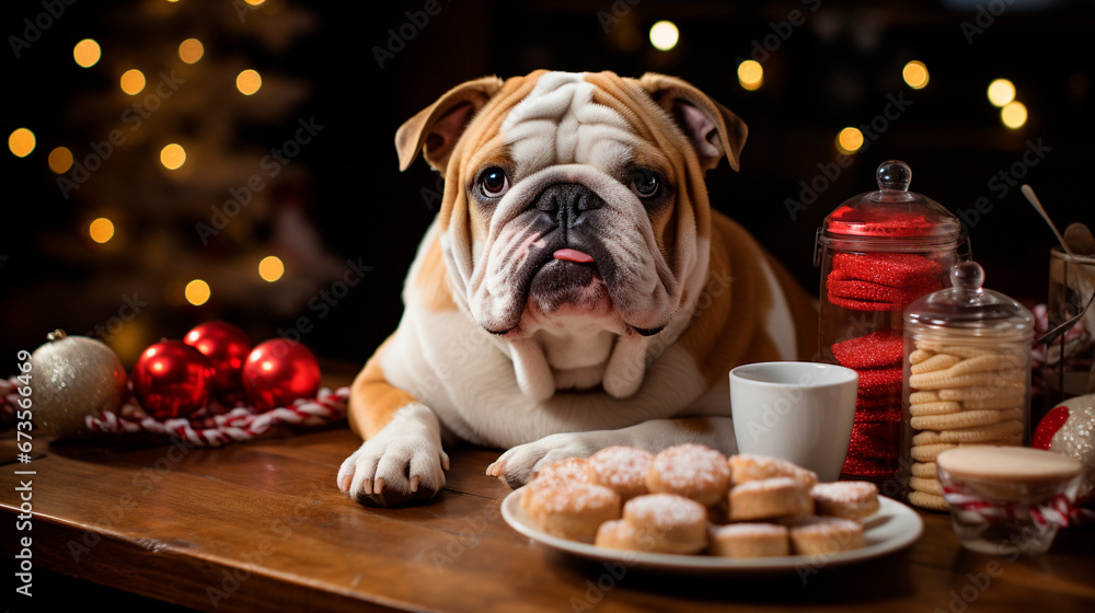 Cute bulldog, brown and white, with its paws on the table, with cookies and Christmas decorations, celebrating Christmas, Christmas card, generative AI