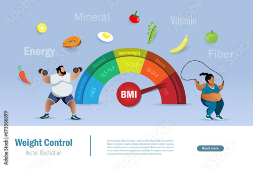 Fat man and woman control body with BMI body mass index weight control plan in exercising and diet foods nutrition. Obesity, BMI, body mass index control for healthy body. Vector.