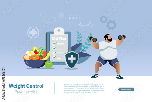 Fat, oversized man control body with weight control plan in exercising and diet foods nutrition. Obesity, BMI, body mass index control for healthy body. Vector.