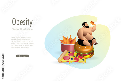 Fat man with overweight body eating junk foods. Obesity and unhealthy nutrition foods caused unhealthy body and medical health problem. Vector.