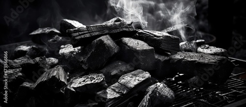 A black and white photograph of coals factory depicts charcoal being used in the grill for barbecuing photo