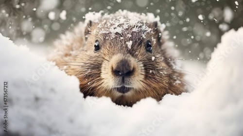 Foreground focus on a groundhog while snow