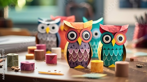 Cute handmade owls made from paper and paint on desk. photo