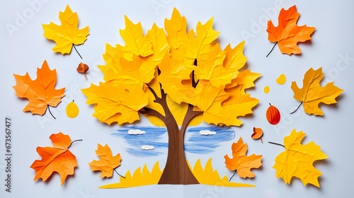 Autumn paper art crafts. Children's fall crafts and creativity. Creative Activities, Cut Paper Art, Easy Crafts for Kids. Tree and branch made from paper and dry yellow leaves