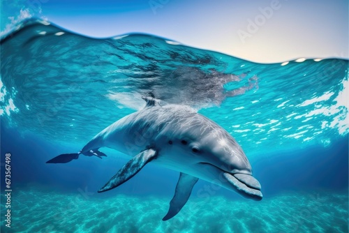 AI generated illustration of a dolphin swimming in the shallow turquoise waters of the ocean © Wirestock