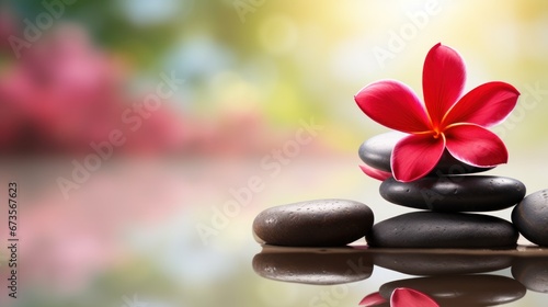 zen stones with deep red plumeria flower on blurred background.copy space