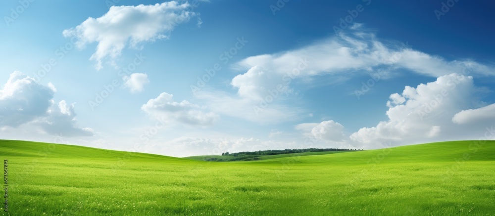 The background of the springtime is a green field adorned with fresh verdant grass and a sky that is painted in shades of blue