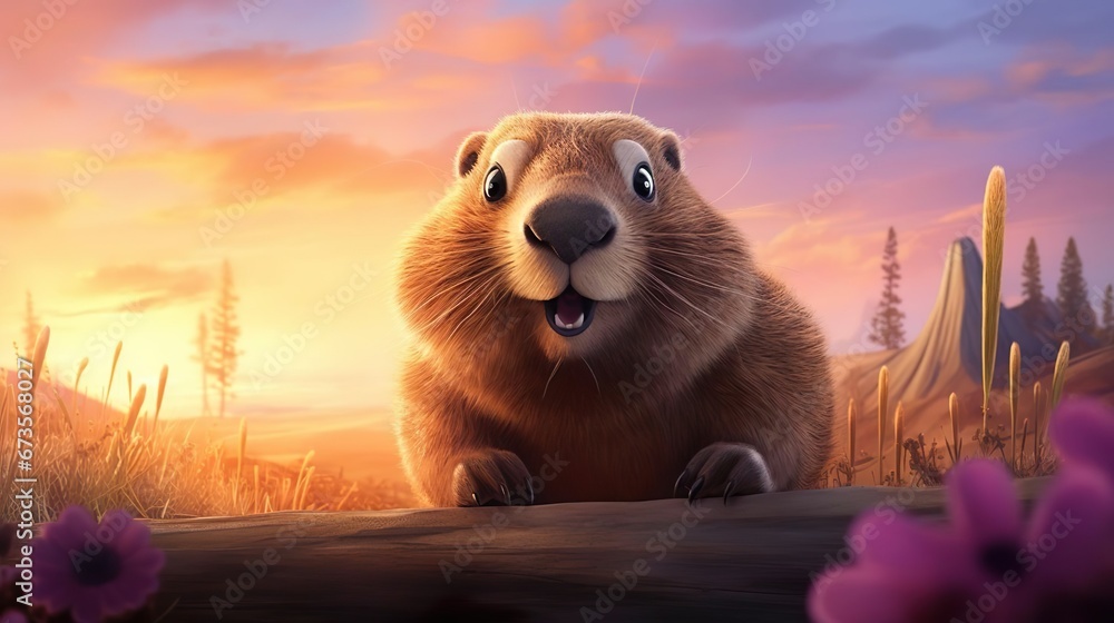 A banner featuring a cheerful animated groundhog - obrazy, fototapety, plakaty 