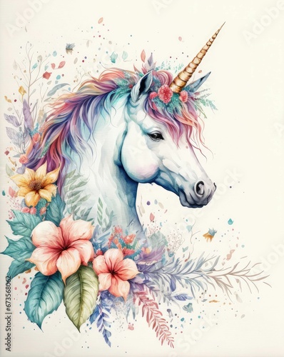 AI generated illustration of A majestic white unicorn with a vibrant mane