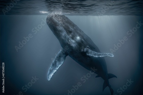 AI-generated illustration of a whale swimming gracefully through the crystal-clear blue waters