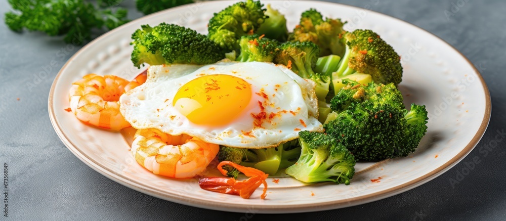 A homemade lunch consisting of fried eggs served alongside shrimp and broccoli is placed upon a table with a vertical viewpoint A homemade lunch consisting of fried eggs served alongside shrimp and broccoli is placed upon a table with a vertical viewpoint