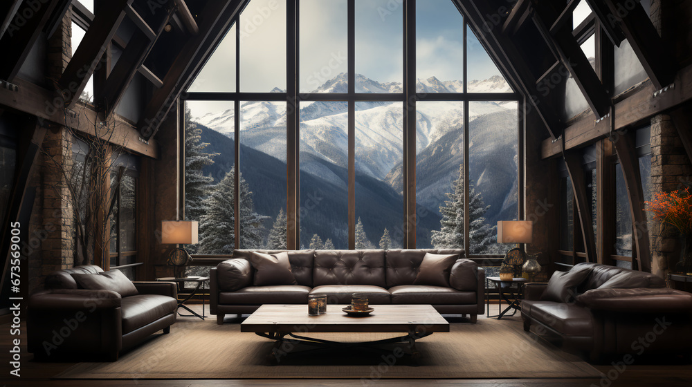 Mountain cabin - large windows - high ceilings - design and decor 