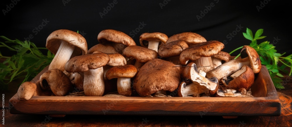 A closeup of Boletus mushrooms specifically Boletus edulis arranged on a wooden tray ready to be cooked A closeup of Boletus mushrooms specifically Boletus edulis arranged on a wooden tray ready to be cooked
