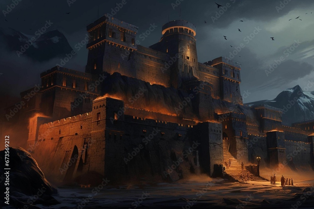 AI generated illustration of an illuminated ancient castle silhouetted against the night sky