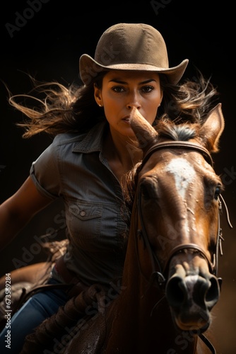 Barrel racer and her horse making a lightning-fast turn around a barrel, Generative AI