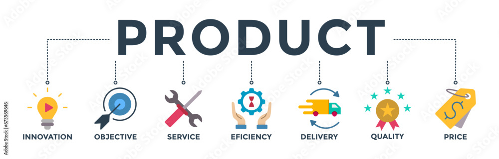 Product banner web icon vector illustration concept with icon of innovation, objective, service, efficiency, delivery, quality and price Product banner web icon vector illustration concept with icon of innovation, objective, service, efficiency, delivery, quality and price