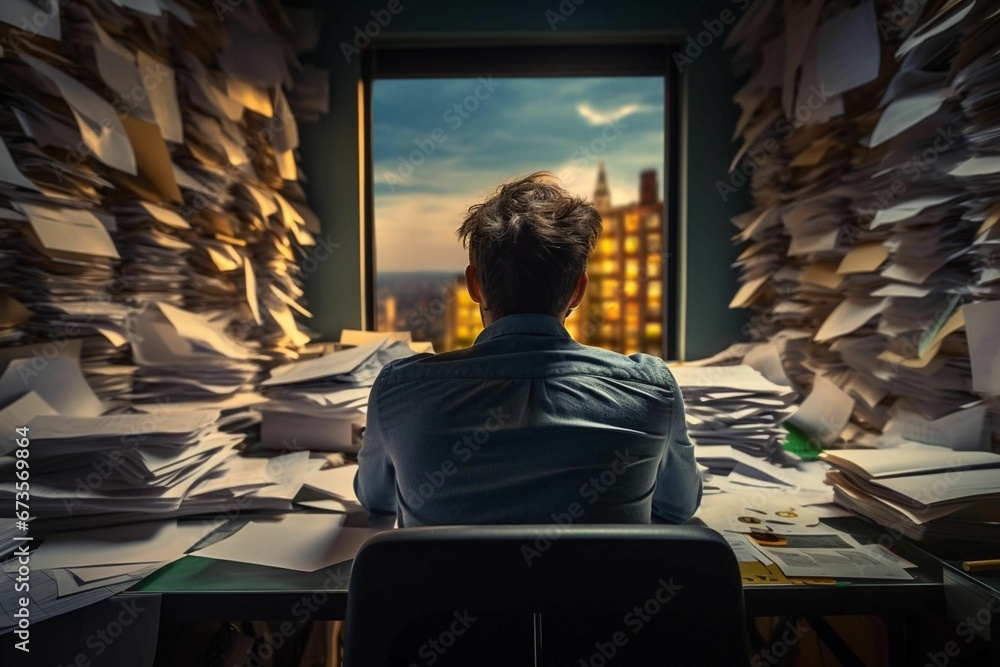 AI generated illustration of a man seated at a desk in an office, surrounded by piles of paperwork