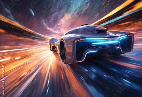 AI generated illustration of a sleek car accelerating through an interstellar landscape