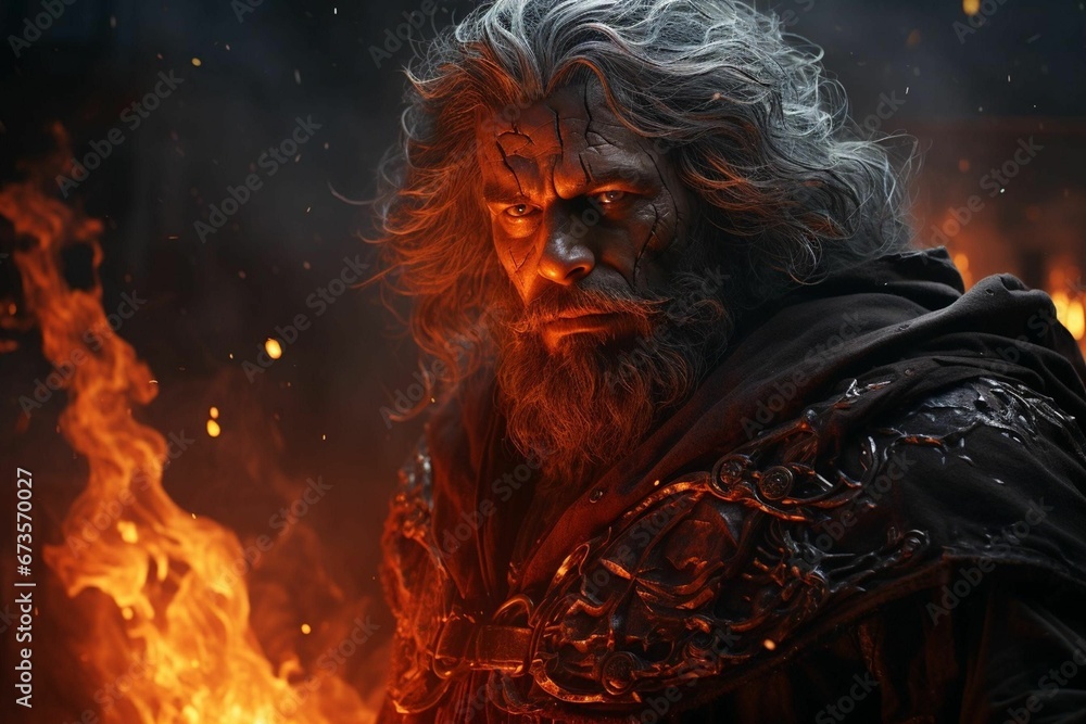 AI generated illustration of a mysterious witch with gray hair against fire engulfing the background AI generated illustration of a mysterious witch with gray hair against fire engulfing the background