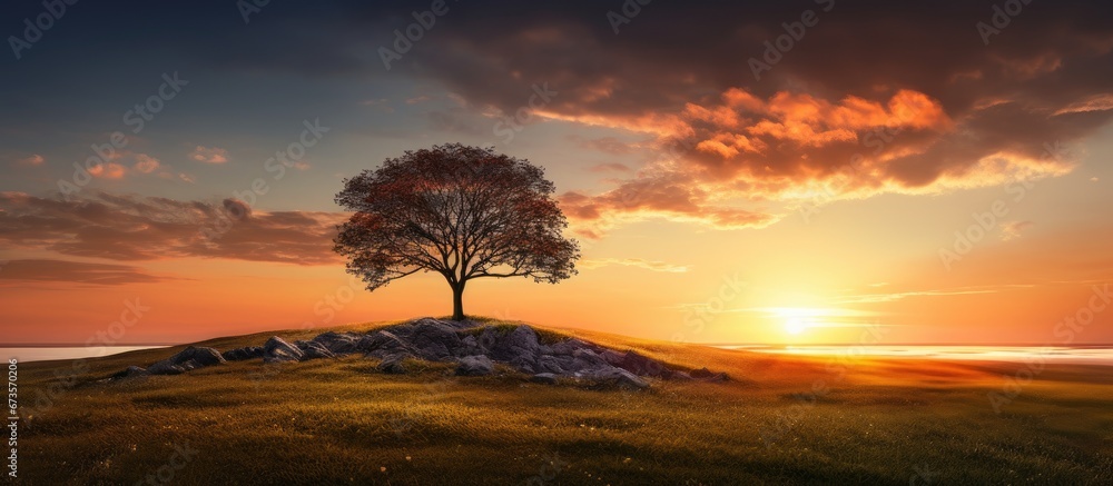 Obraz premium The natural beauty of the sky with its sunlit sunset is complemented by the presence of trees and grass