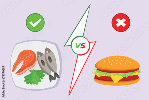 Healthy vs unhealthy food. food nutrition concept. Colored flat vector illustration isolated.