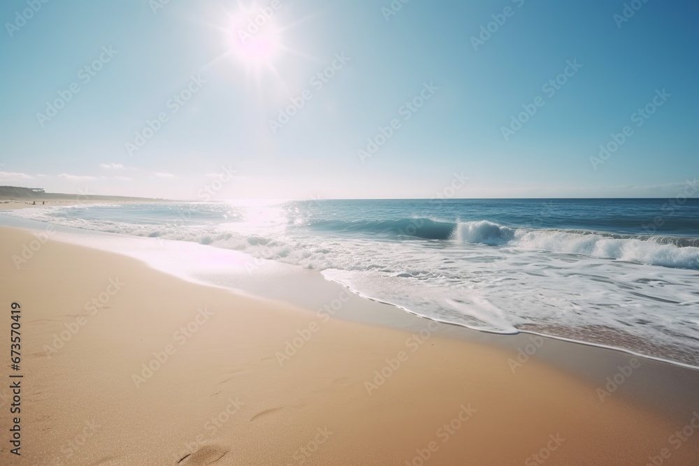 Picture of a clear beach, blue sea, morning light atmosphere, soft light shining down
