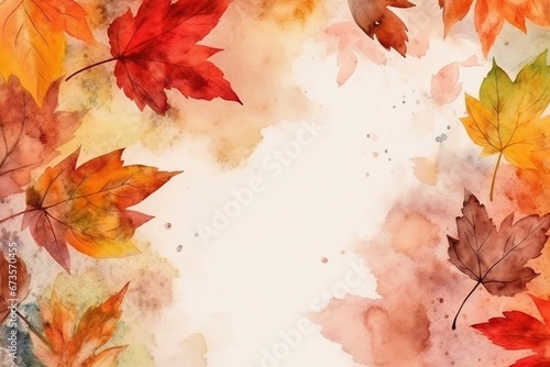 Top view of a watercolor painting of various colored maple leaves. and orange-red leaves In the fall, the concept background