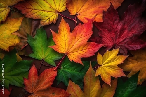 Top view of various colored maple leaves and orange-red leaves In the fall  the concept background