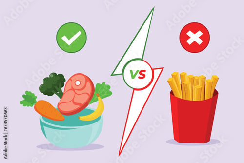 Healthy vs unhealthy food. food nutrition concept. Colored flat vector illustration isolated.