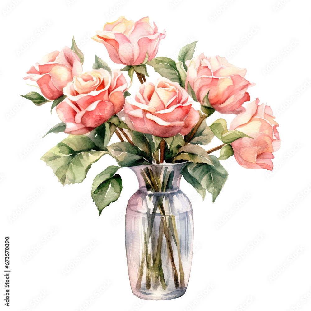 Pink rose in Vase Watercolor 