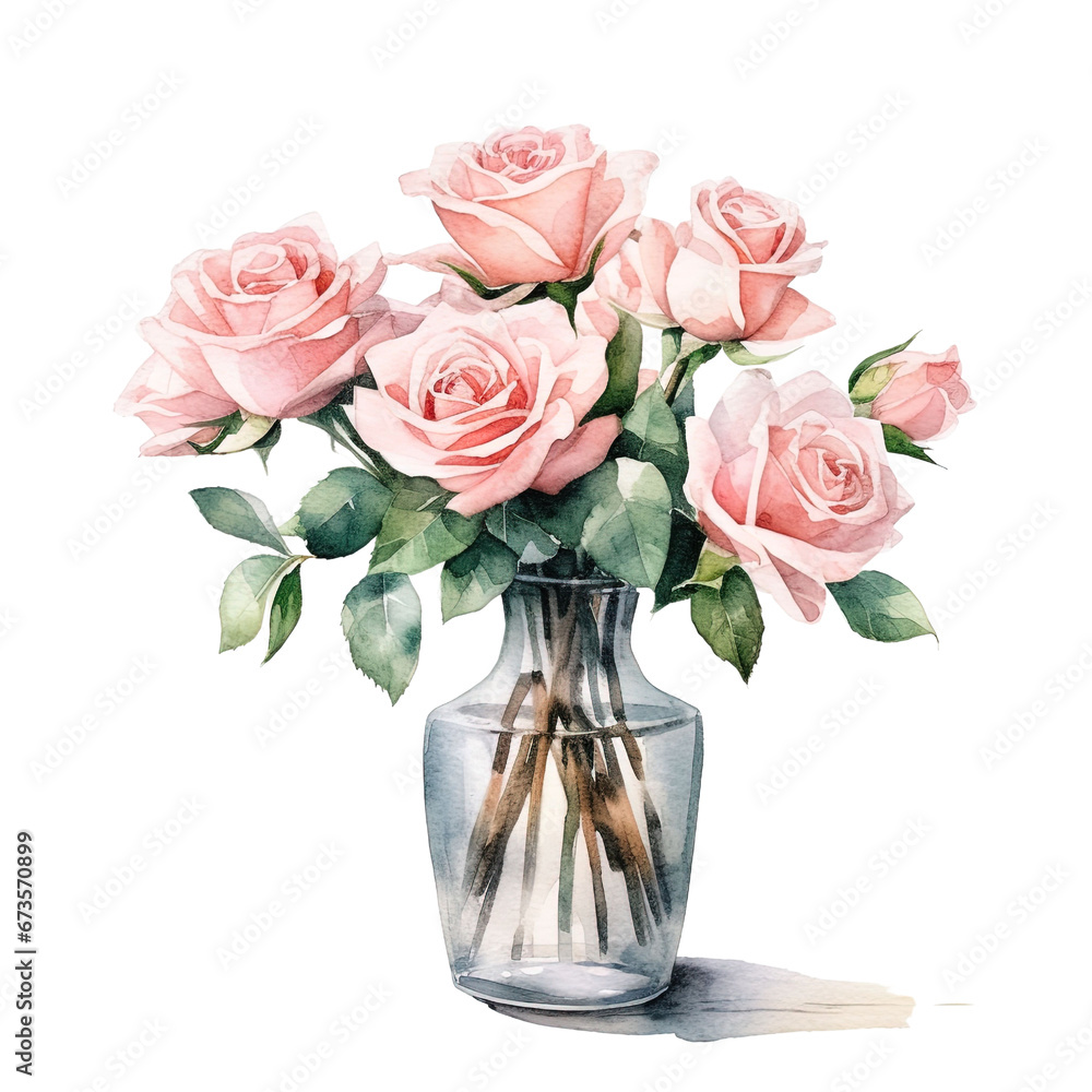 Pink rose in Vase Watercolor 
