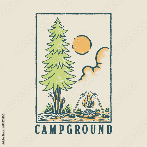campground illustration marshmallow graphic camp fire design tree badge forest emblem outdoor vintage nature
