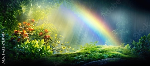 The nature s vibrant green is illuminated by the light of a colorful rainbow