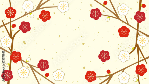 紅梅と白梅の梅の枝をフレーム風にしたイラスト　アスペクト比16：9バージョン