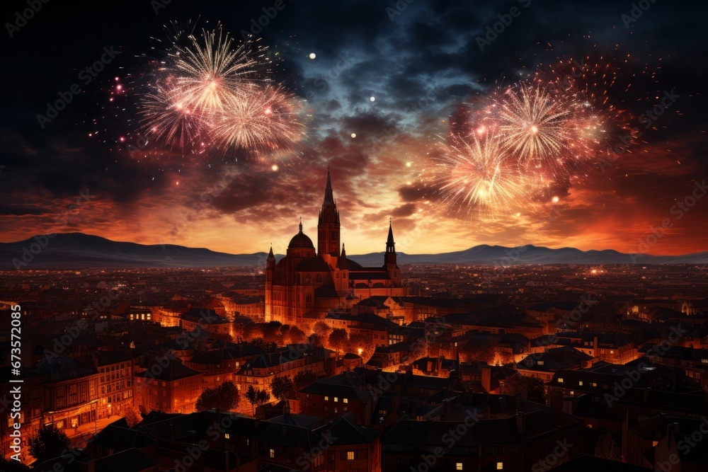Obraz premium Fireworks illuminating the night sky over Pamplona during San Fermín, Generative AI